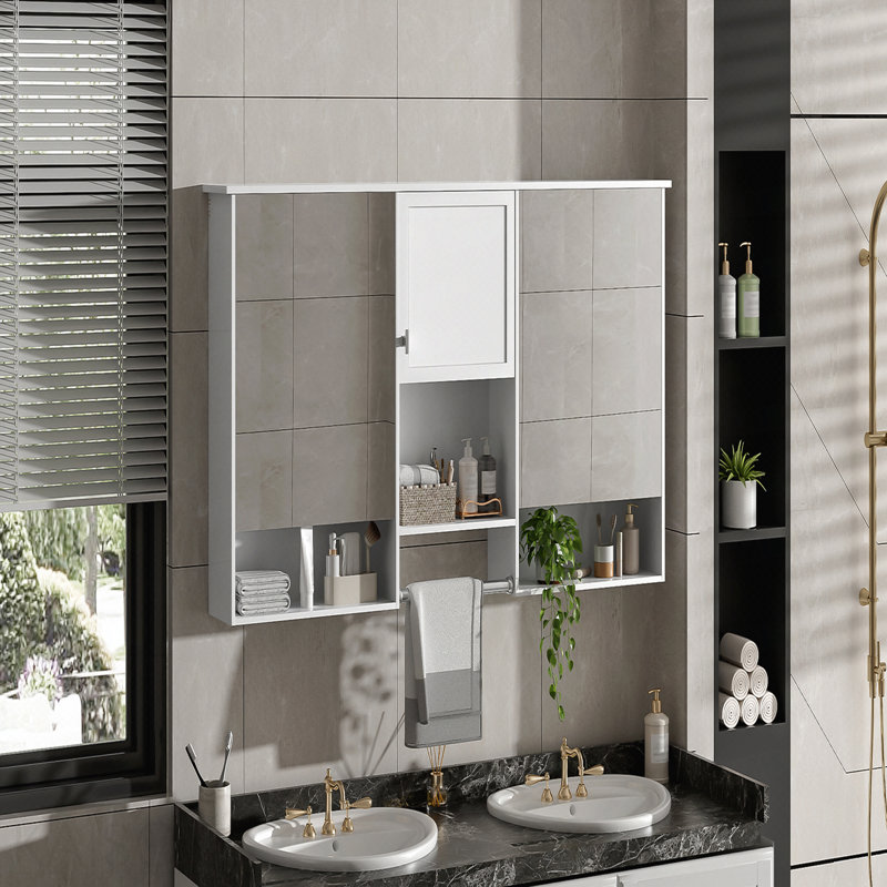 Armoire à miroir 55 po 3-en-1 à fixation murale 55 po avec tablette réglable, charnières à fermeture en douceur, panneau de fibres à densité moyenne de haute qualité, pour meuble-lavabo de salle de bain, salon, rangement de chambre à coucher