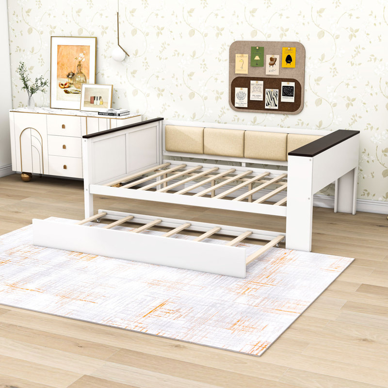 Wood Daybed with Upholstered Backrest, Shelves, Charging Station and Twin Trundle, Full/Double