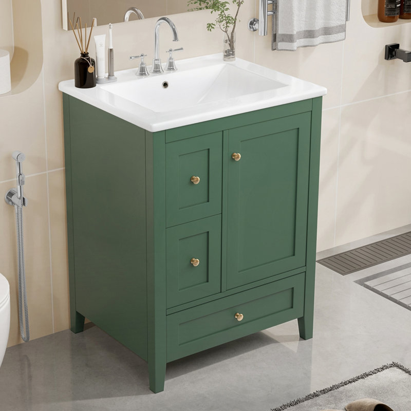 Meuble-lavabo de salle de bain avec rangement spacieux et tablette réglable, Vert foncé