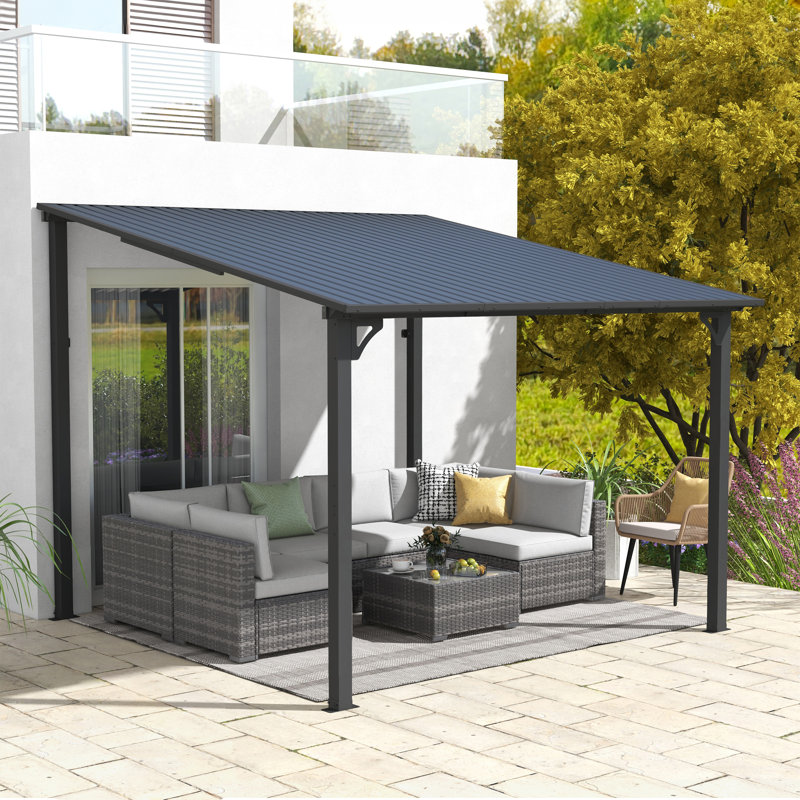 Galvanized Steel Patio Pergola Wall-Mounted With Sloping Roof, 98.1" H x 111.3" W x 110.3" D