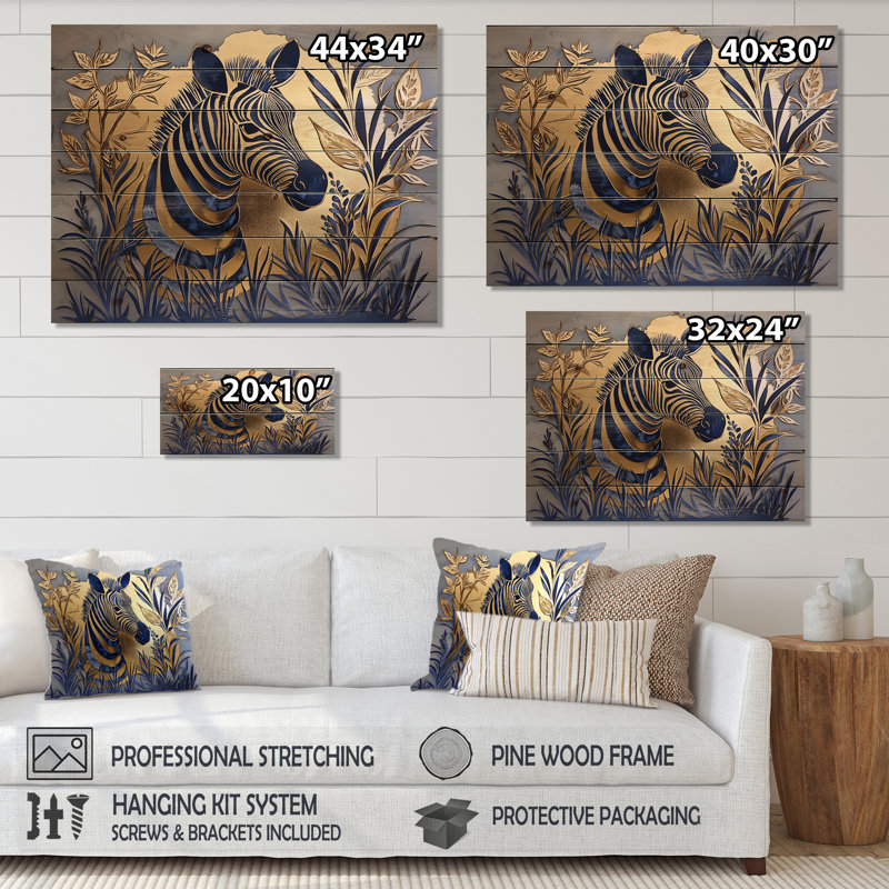 «Golden Aqua Zebra Portrait I», impression sur bois doré moderne sur bois de pin naturel, H 30 po x l 40 po