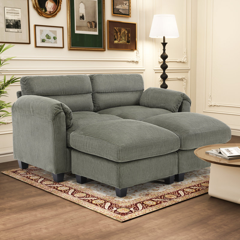 61.8'' Corduroy Upholstered Modular Loveseat Sofa With Ottomans & Adjustable Pillowtop Arm, Green
