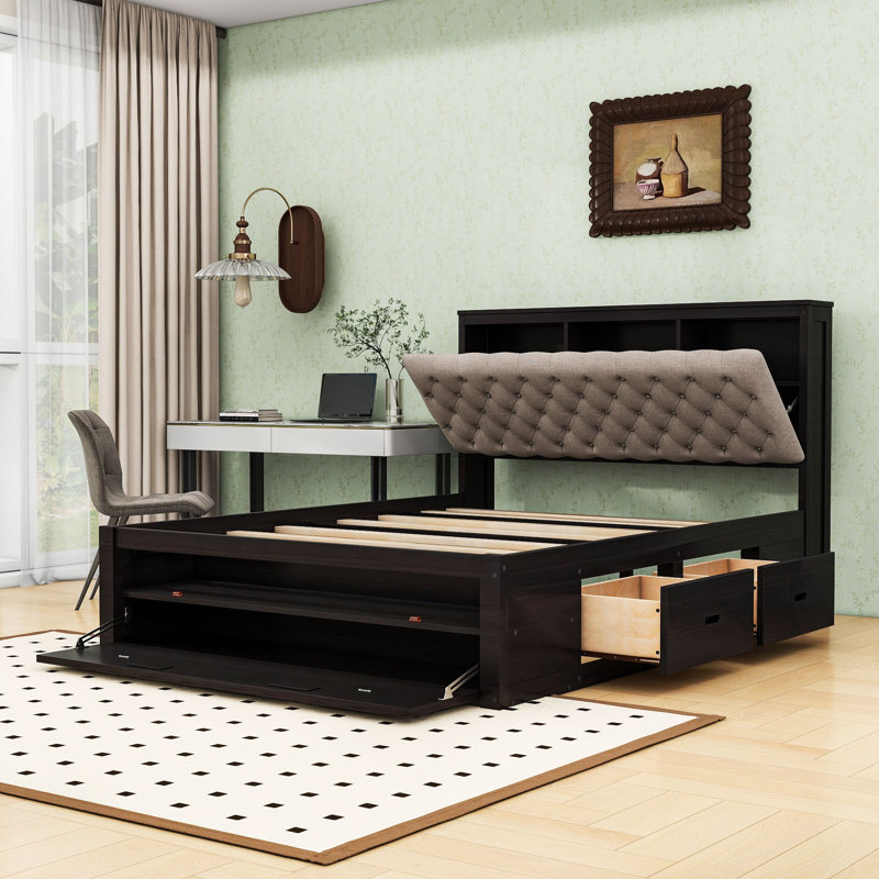 Queen-Size Platform Bed with Upholstered Headboard, Built-in Storage Drawers, Espresso