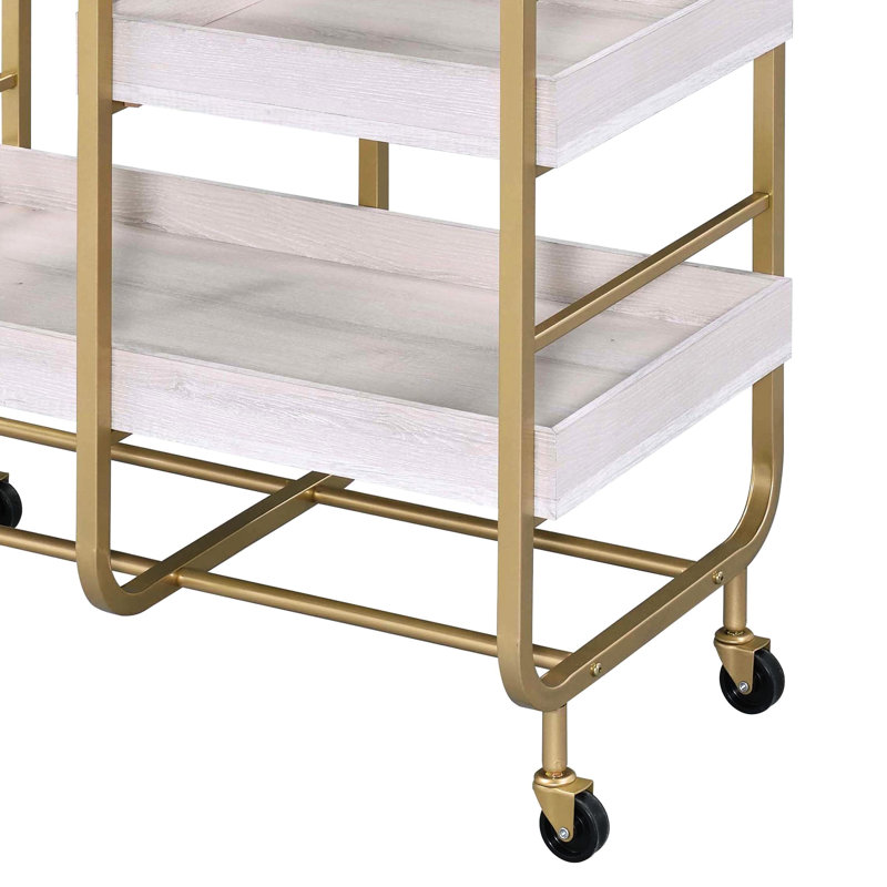 Chariot de salle à manger contemporain doré et blanc avec 3 plateaux réglables - Métal robuste, adapté au service de chambre