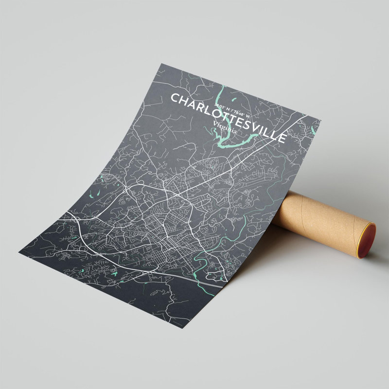 Charlottesville, carte de la ville, impression graphique, H 17 po x l 11 po x P 0,05 po, Vert / gris