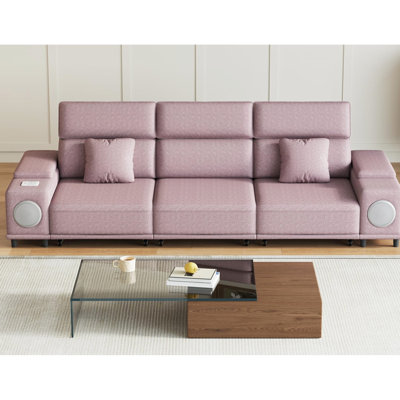 3 canapés modulaires inclinables électriques avec télécommande, haut-parleurs, recharge sans fil et 2 boîtes de rangement pour le salon, siège mi-ferme rose, structure en bois d'eucalyptus, fauteuil inclinable électrique principal 3