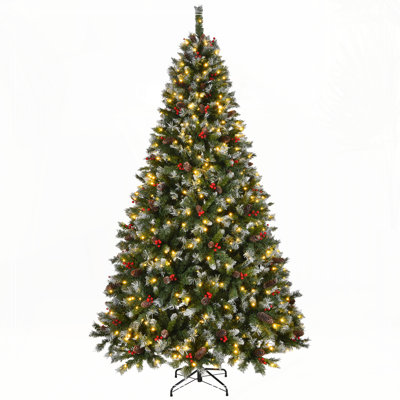 Pre-Lit Artificial 7.5ft Christmas Tree /Frosted Tips, Pine Cones, Berries, Metal Base for Holiday Party Office Home