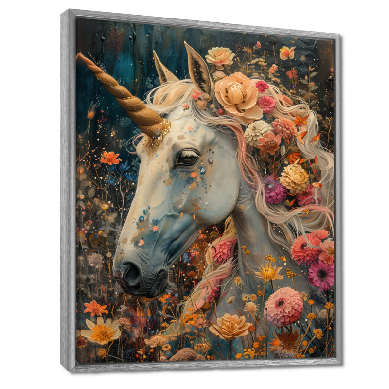 Blanc et rose, merveilles de licorne III, art mural licornes, Cadre argenté flottant, bois massif, H 20 po x l 12 po x P 1 po