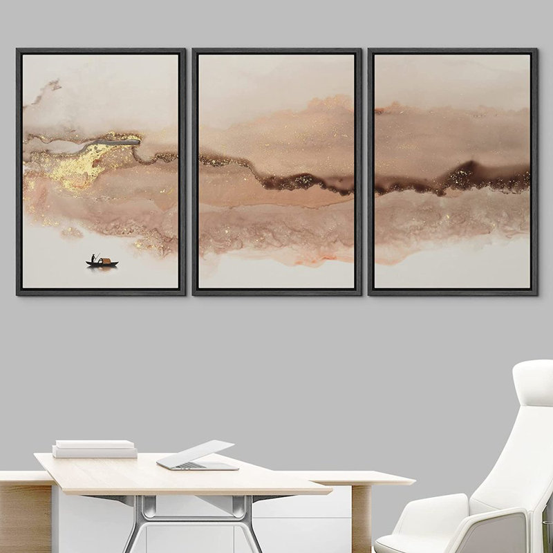 «Abstract Landscape Abstract Mountain Ocean», peinture sur toile flottante 3 pièces, H 24 po x l 48 po, Cadre noir