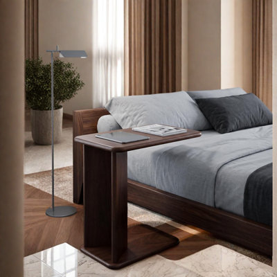 C-Shaped End Tables with Storage, Walnut MDF Modern Side Table for Sofa