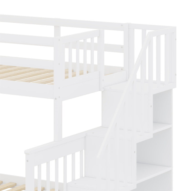 Lit superposé avec lit gigogne, escalier de rangement et garde-corps, Blanc