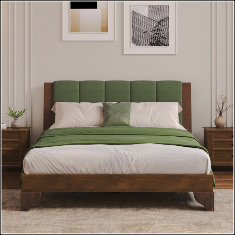 Cadre de lit en bois de pin de qualité supérieure, cadre de lit avec tête de lit inclus, lit Mid-Century moderne, Grand lit