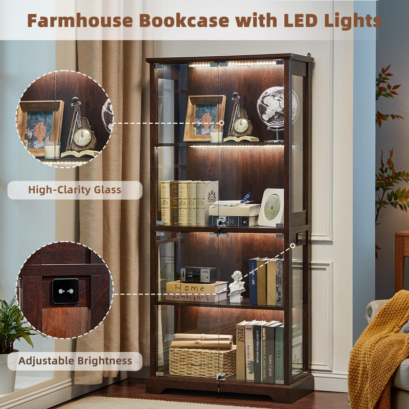 Farmhouse Display Cabinet with Glass Doors, Curio Cabinet with 3-Color LED Motion-Sensor Light (Walnut), Walnut