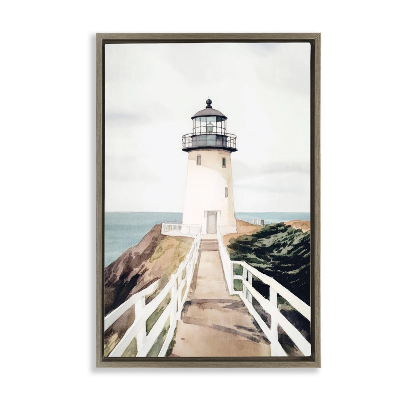 Cadre flottant avec aquarelle et sentier de phare, design par Sissi et Seb, Cadre flottant orme Montalcino, H 25 po x l 17 po
