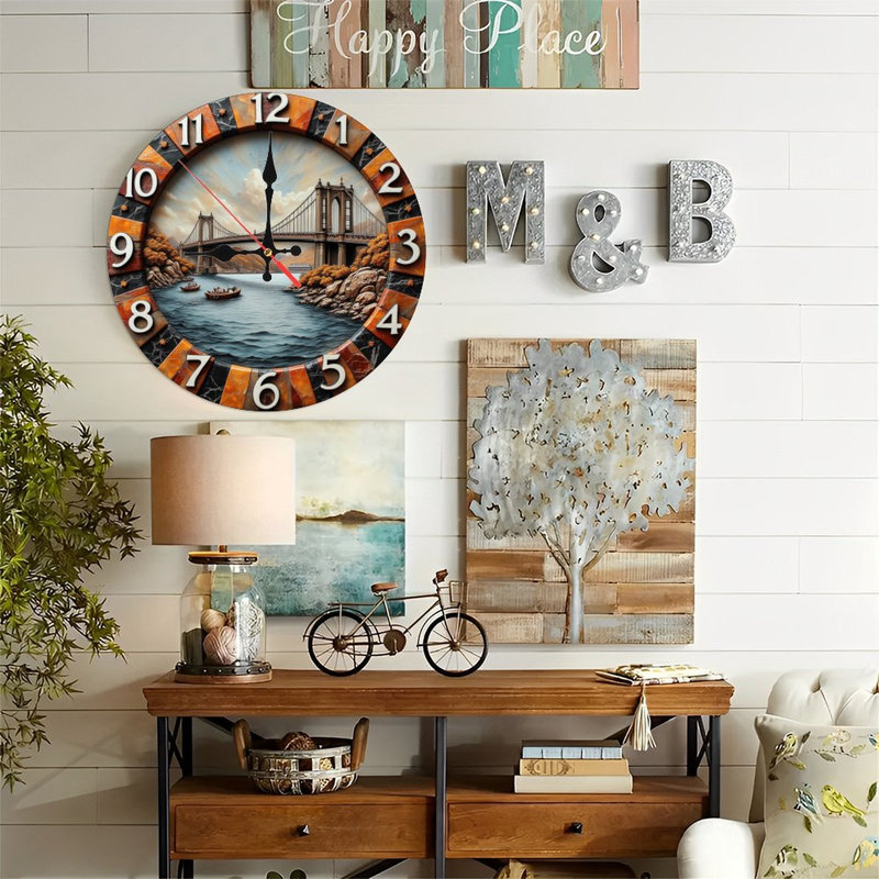 Horloge murale 10 po en MDF rond avec mouvement à quartz silencieux et crochet sans perceuse (piles AA non incluses)