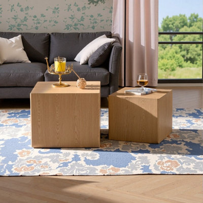 Set Of 2 Natural Wood Grain MDF Nesting Cube Coffee/Side Tables, Fully Assembled (18.9" & 15.75")