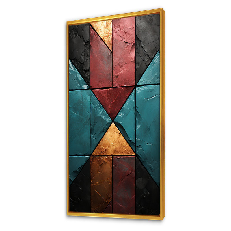 Carreaux de chevron bleu et rouge Elegance II - art mural abstrait, Cadre flottant doré, H 60 po x l 28 po x P 1,5 po