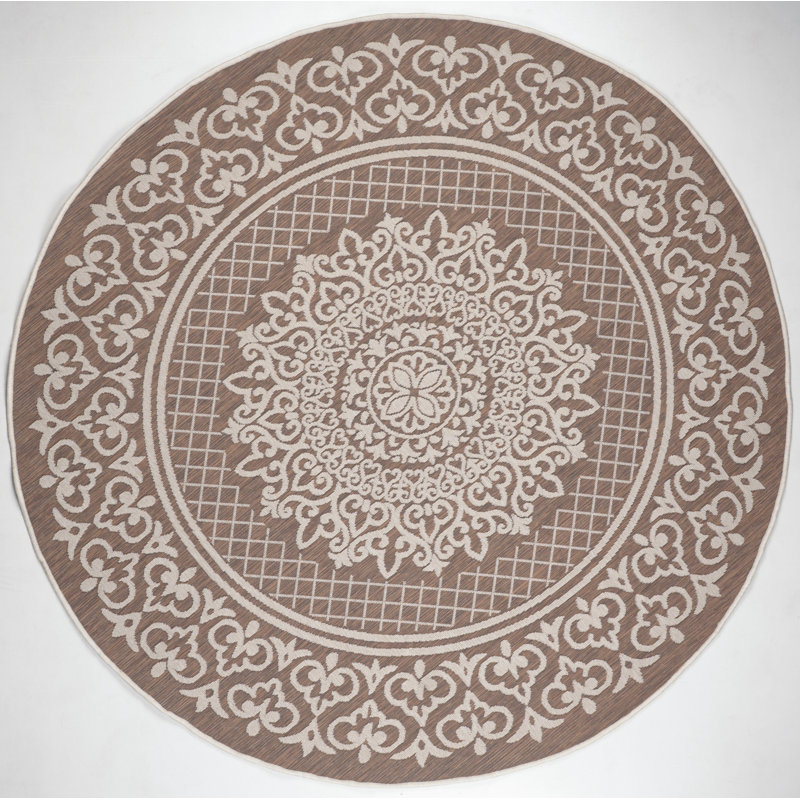 Tapis floral brun / beige intérieur / extérieur Floral, Rond 6 pi 7 po