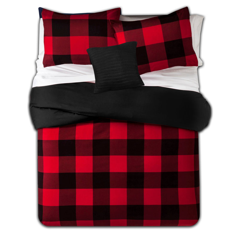 4 Piece Buffalo Plaid Printed Comforter, Shams & Throw Pillow Set, King Comforter + 3 Additional Pieces, Red/Black