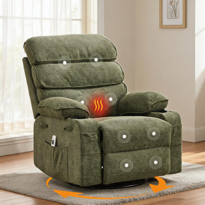 360° Swivel Glider Rocker Recliner Chair with Massage & Lumbar Heat, Breathable Linen Upholstery, 155° Recline, Dual Cup Holders & Side Pocket, 300 LBS Weight Capacity