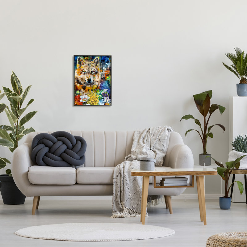 Loup avec fleurs abstraites, estampe numérique par Linda McClure, Giclée encadrée noir minuit, H 20 po x l 16 po