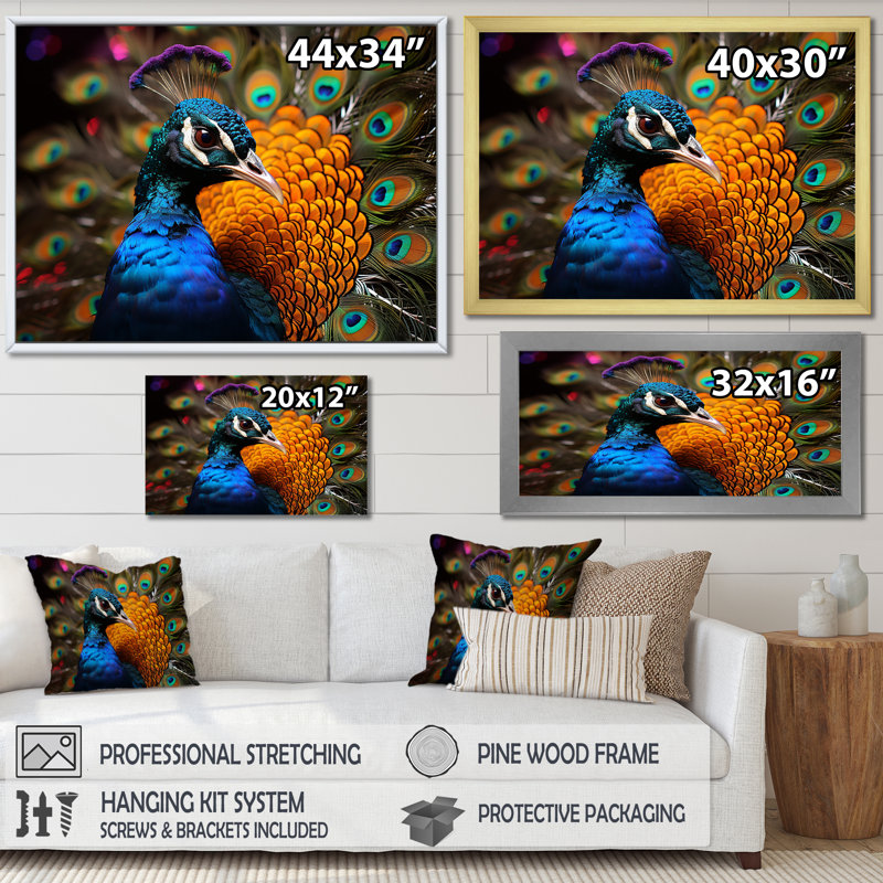 Majestic Colorful Peacocks Harmony sur toile, Cadre photo doré simple, H 34 po x l 44 po x P 1,5 po