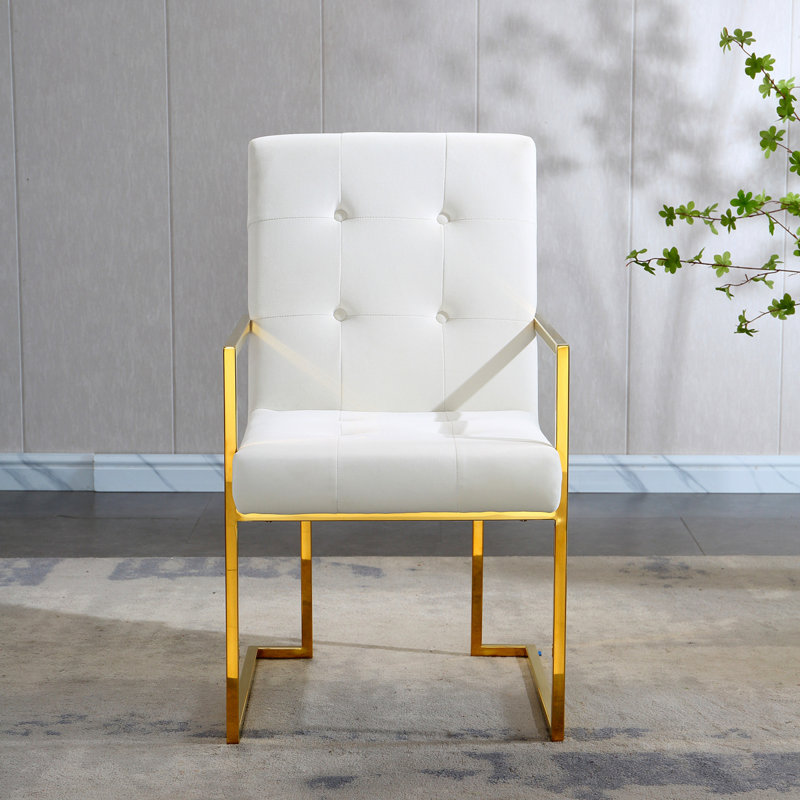 Chaise de salle à manger avec accoudoirs capitonnés et finition en acier inoxydable, Velours beige, Doré