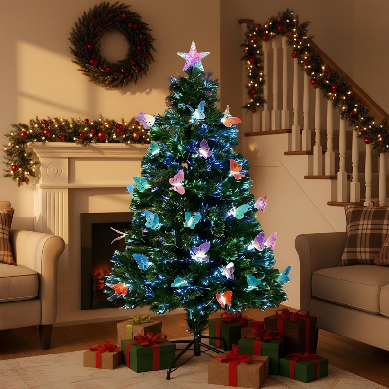 Butterflies Fibre Optic Pre-Lit Artificial Christmas Tree with LED Lights, PVC, Green, 3 ft.