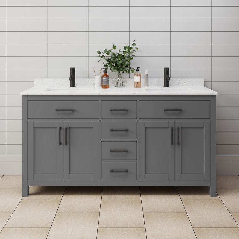 Beckett 66" Freestanding Double Bathroom Vanity with Cultured Marble Top, Carrara Cultured Marble, Matte Black, Dark Gray