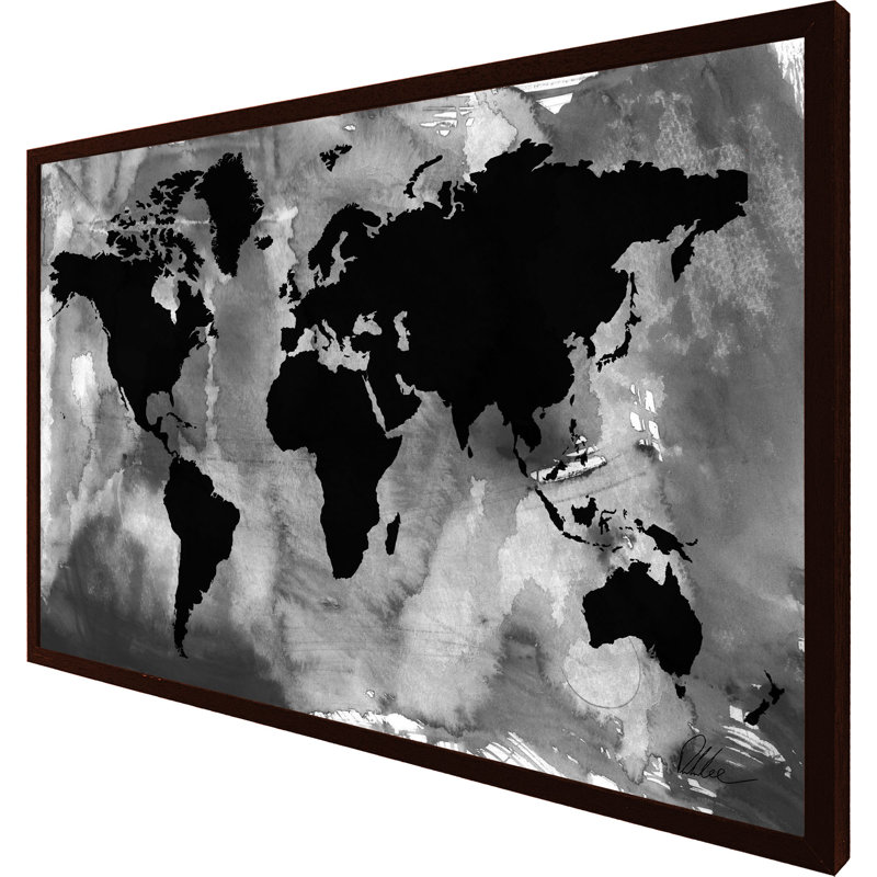 Black And White World Map - Single Picture Frame Painting, 51cm H x 76cm W x 4cm D, Brown
