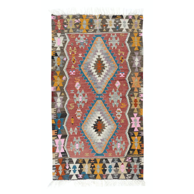 Petit tissage à plat turc coloré 2,7 x 4,8 pi avec motifs géométriques, tout en laine