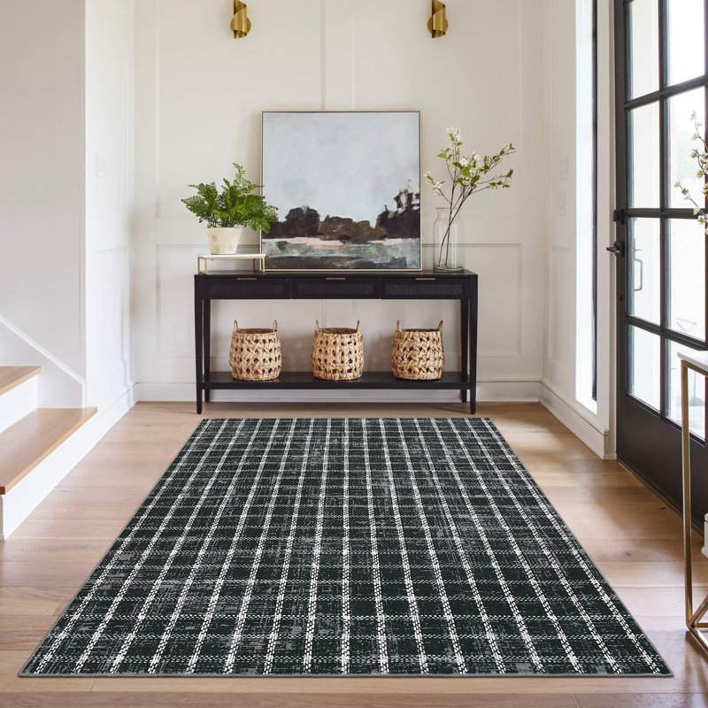Machine Washable Rug Modern Plaid Rug Soft Area Rug Non Slip Soft Thin Rug Low Pile Foldable Rug for Living Room, Bedroom, Dining Room
