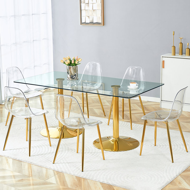 Table de salle à manger en verre trempé avec 7 chaises et 6 chaises en plastique transparent, 7 pièces : table, 6 chaises
