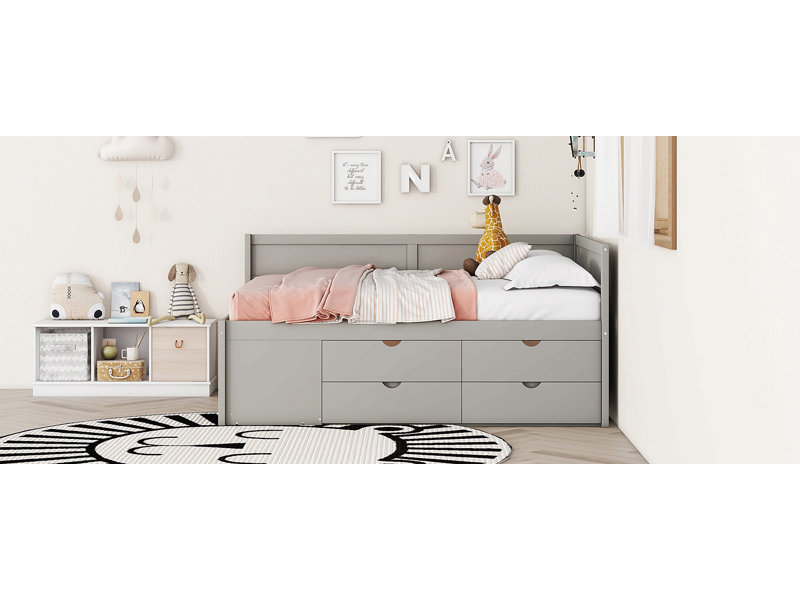 Daybed With Drawers And Shelves, Gray, Full/Double