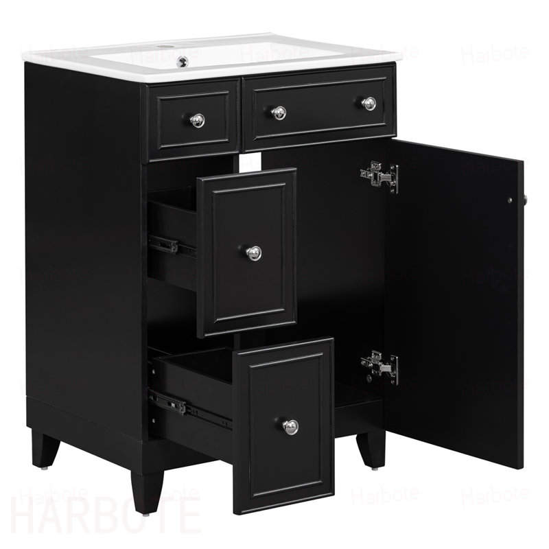 Meuble-lavabo de salle de bain avec lavabo en céramique, 2 tiroirs, 1 porte, Black
