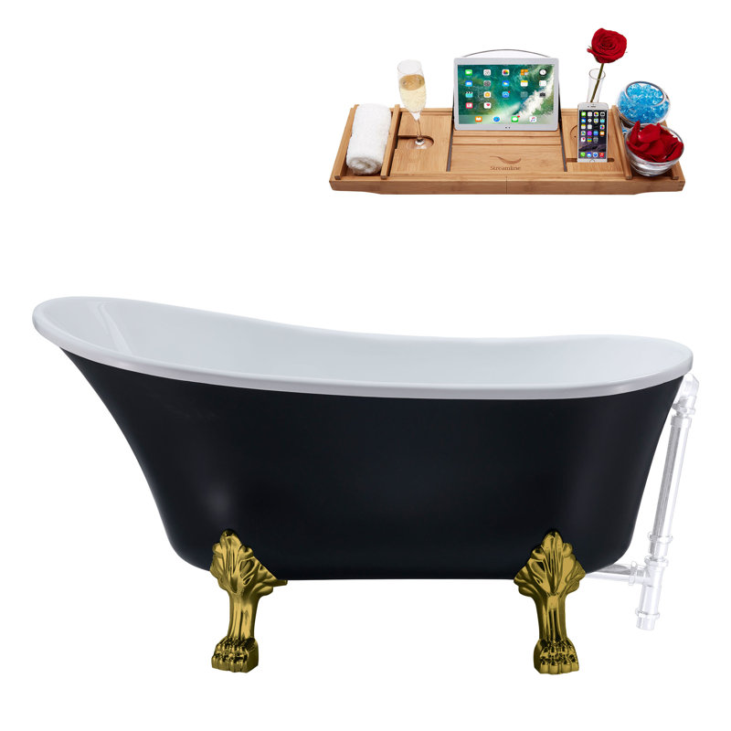 55" Streamline Clawfoot Soaking Acrylic Bathtub With Drain, Clawfeet, and Bamboo Tray, Glossy White, Brushed Gold