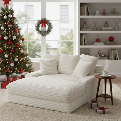 64" Cozy Double Cloud Sofa Bed - Soft Corduroy Upholstery Chaise, Solid Wood Frame (600LBS Capacity) for Living Room & Guest Bedroom by Mercer41