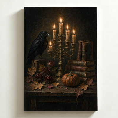 Tableau sur toile d'Halloween 40 x 60 cm. Corbeau perché près de chandelles allumées, de roses et de livres. Impression sur toile, style peinture à l'huile réaliste. Décoration murale moderne pour chambre, salon et bureau.
