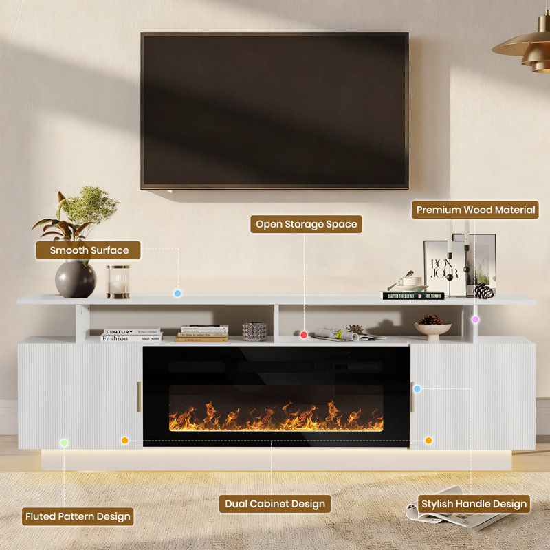 70″ Modern White Tv Stand With 36″ Electric Fireplace, Fluted Design, Led Lighting, Fits Tvs Up To 80″ , Living Room Entertainment Center