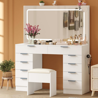 Vanity Desk with Large Mirror and Lights & Magnifying Glass, Makeup Table, Dressing Table Set with Stool