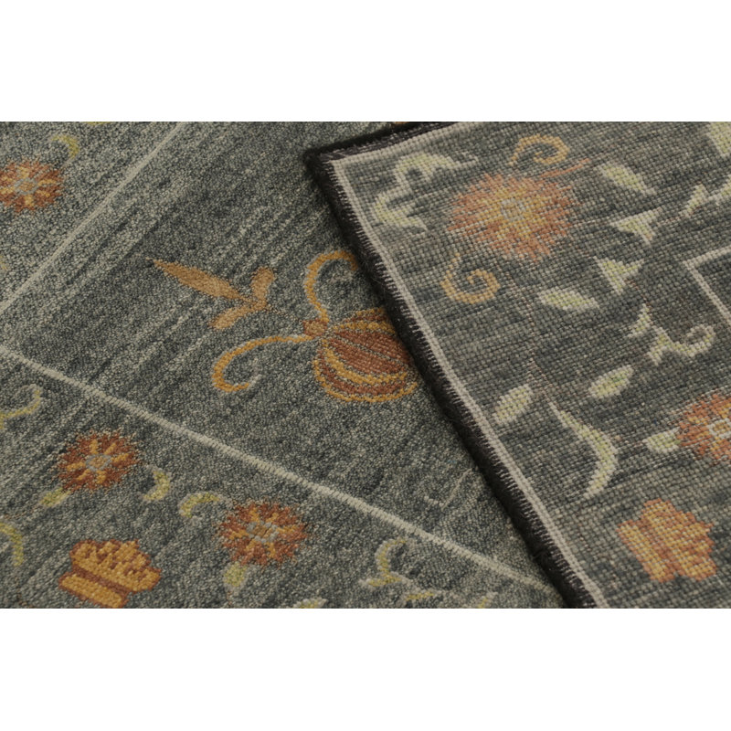 Rug & Kilim’S Block Print Rug, Teal And Gray Tones With Whimsical Floral Pattern