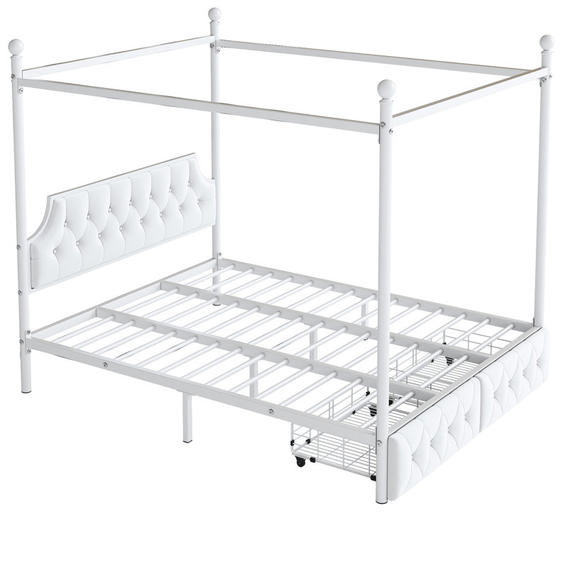 Lit plateforme à baldaquin en métal blanc pour grand lit avec tête de lit tapissier et 2 armoires de rangement