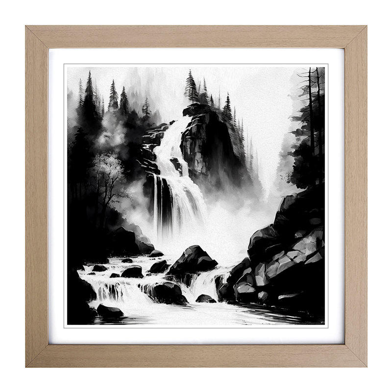Waterfall Ink Wash - Single Picture Frame Print on Wood, Oak