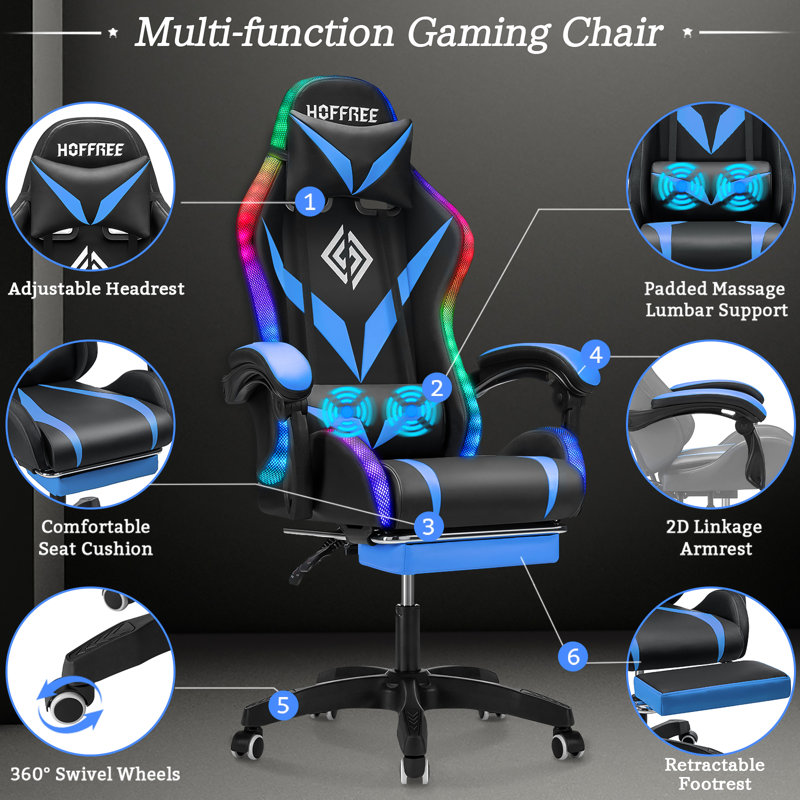 Hoffree Massage Ergonomic Gaming Chair with Bluetooth Speakers and RGB LED Lights, Blue/Black