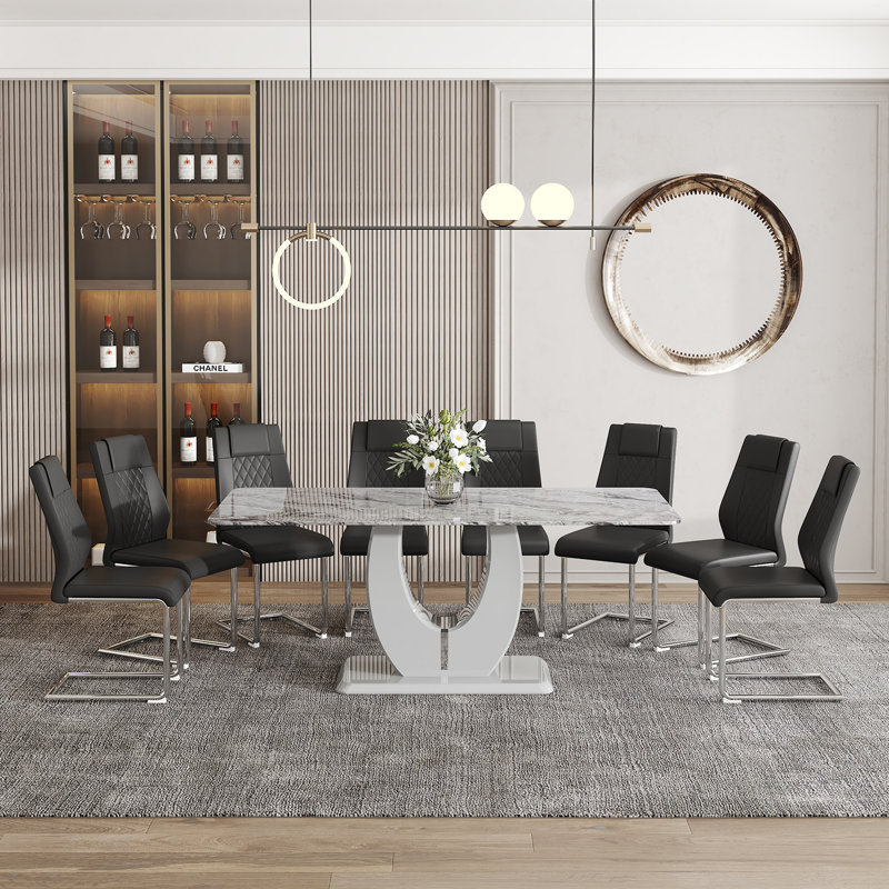 Ensemble de table de salle à manger 71 po, plateau moderne en verre trempé avec chaises en cuir synthétique, Noir