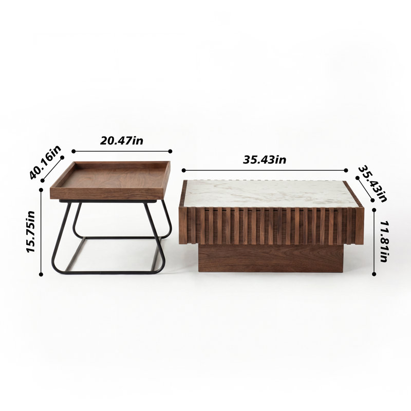 Walnut Veneer Coffee Table, Sintered Stone Top with Piano Key Detailing and Hidden Drawer, Mid-Century Modern Accent Table
