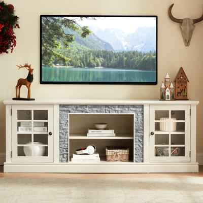 White Tv Stand With Faux Stacked Stone, 70" Wide, 2-door Storage, 75'' Compatibility, 6 Cable Management, 4 Adjustable Shelving Modern Cabinet, Stone