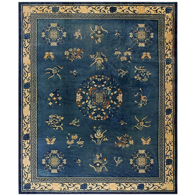 1920s Blue Field Floral Traditional Medallion Antique Chinese Peking Knotted Rug 11'10" x 14'6" Area Rug