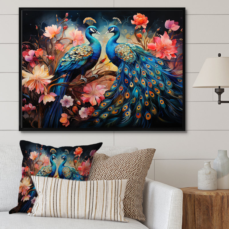 «Blue Coral Indian Art Dancing Peac II» - Art mural indien, H 24 po x l 32 po x P 1 po, Cadre flottant noir