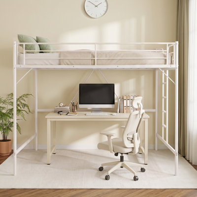 Off White Loft Bed Queen Size With Ladder And Guardrail,Metal Slats Support No Box Spring Needed Small Space Saving Furniture For Bedroom Dorm